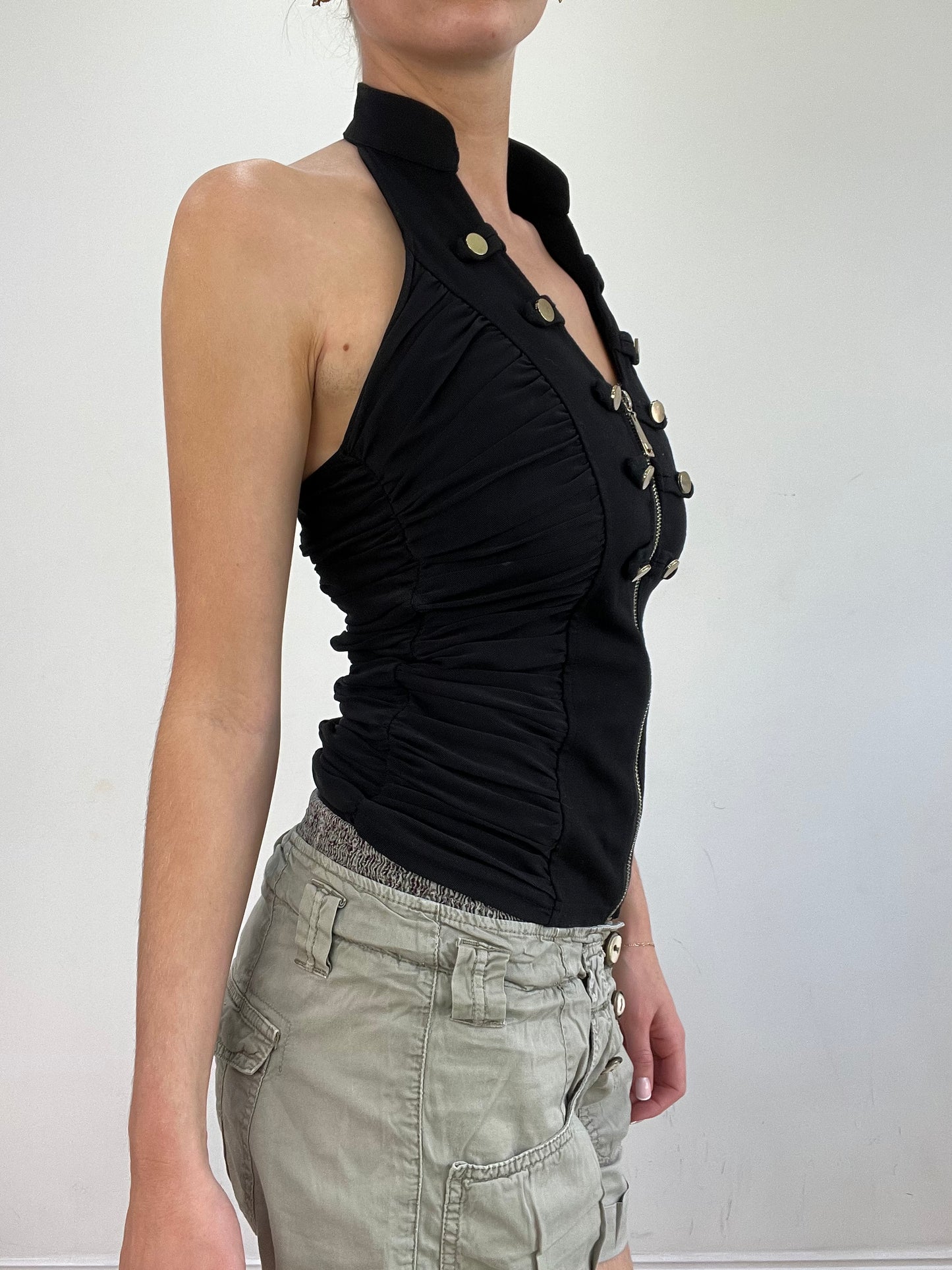 vintage edit twenty | small black halterneck top with gold stud and zip details