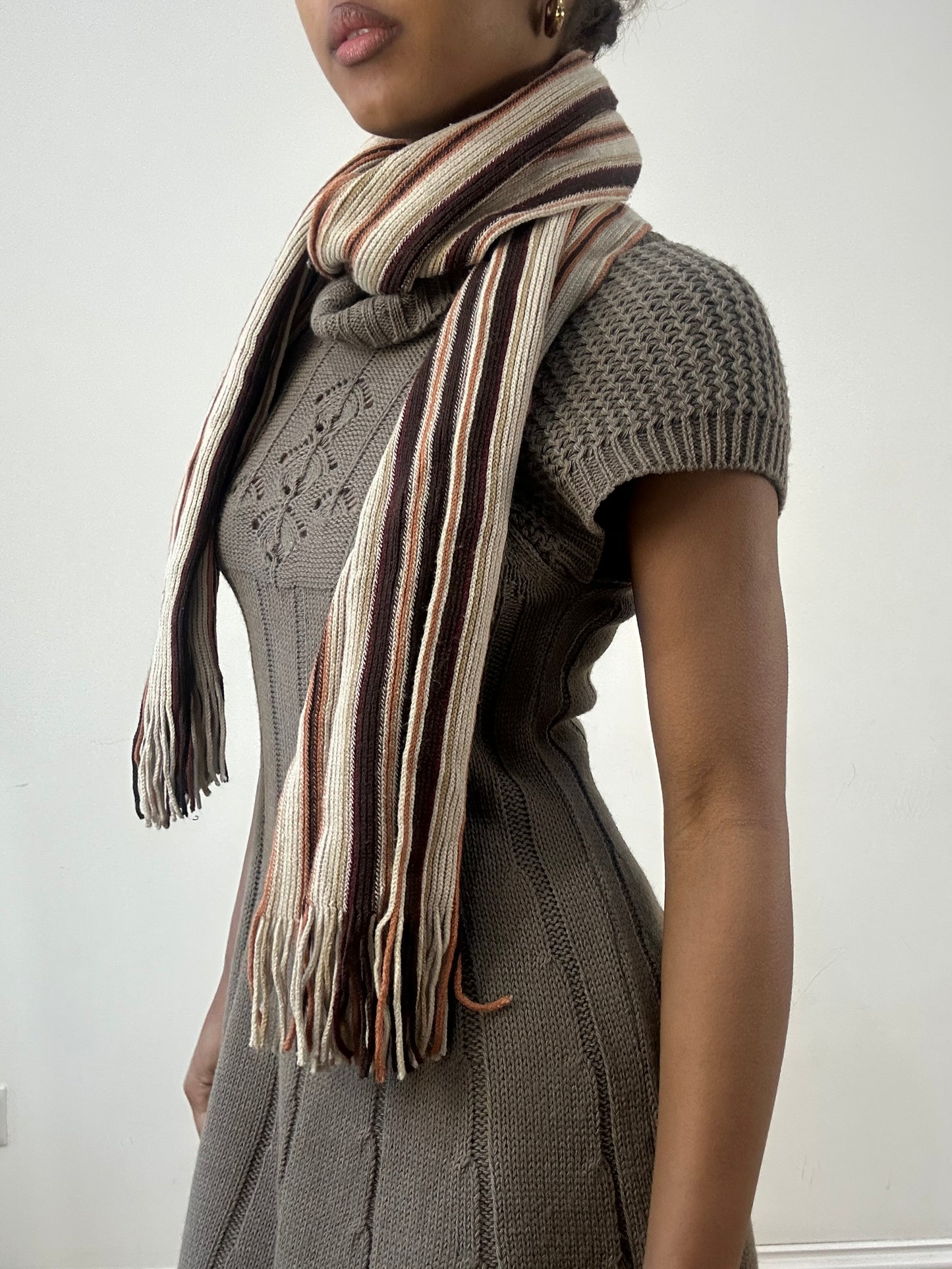 winter edit | cream and brown striped knit tassel scarf