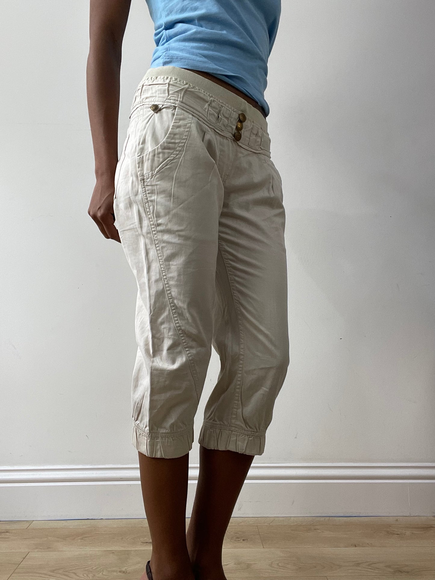 midsummer edit | small white old bershka cropped trousers with gold button detail
