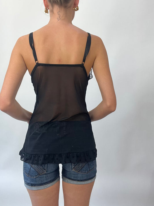 BRAT GIRL SUMMER DROP | small black mesh cami with polka dot detail all over