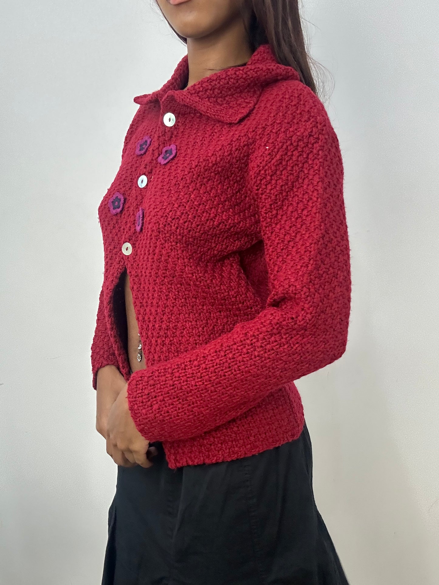 BEST PICKS | small red knit cardigan top with 3d floral details