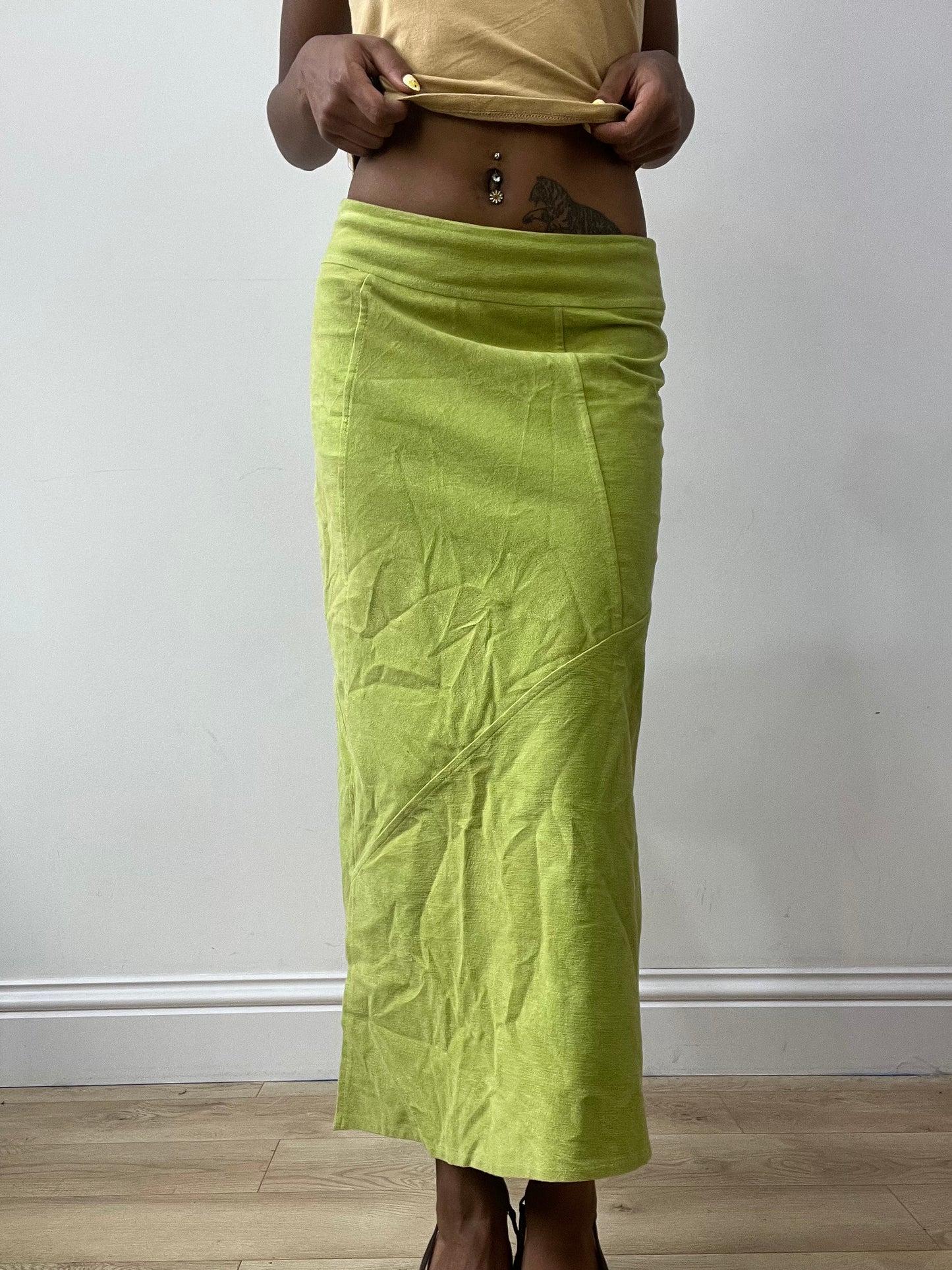 vintage edit thirty-two | small lime green suede style maxi skirt