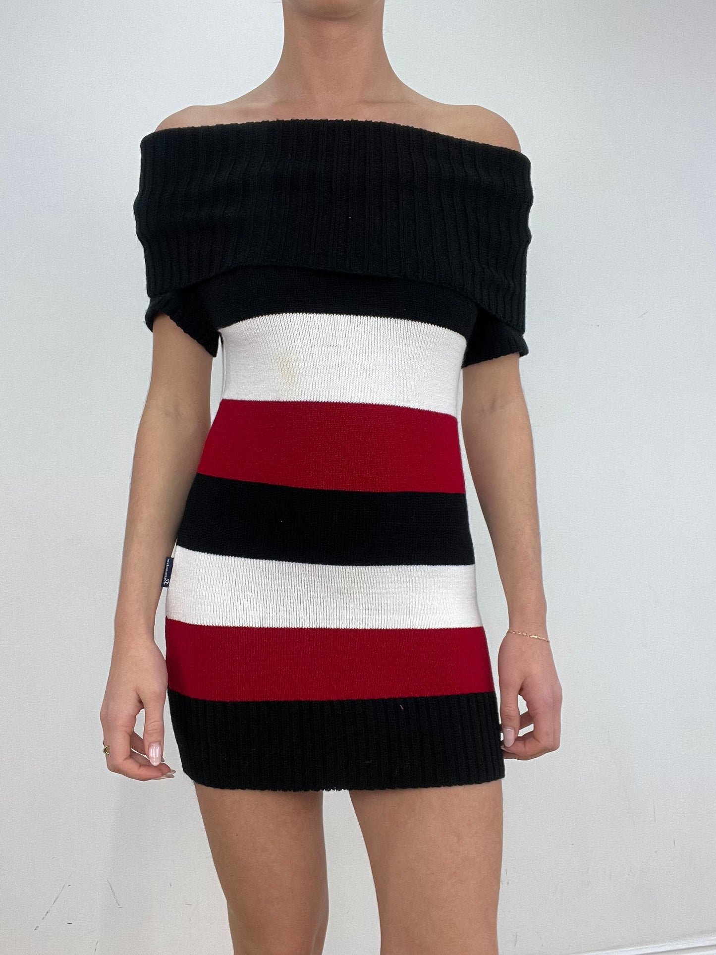 vintage edit ten | small red black and white off the shoulder jumper dress
