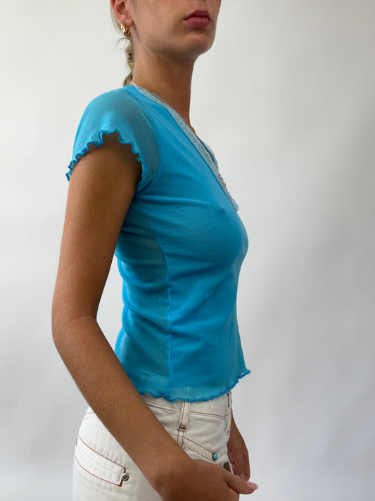 GIRLS TRIP DROP | small blue mesh baby tee with beaded detail