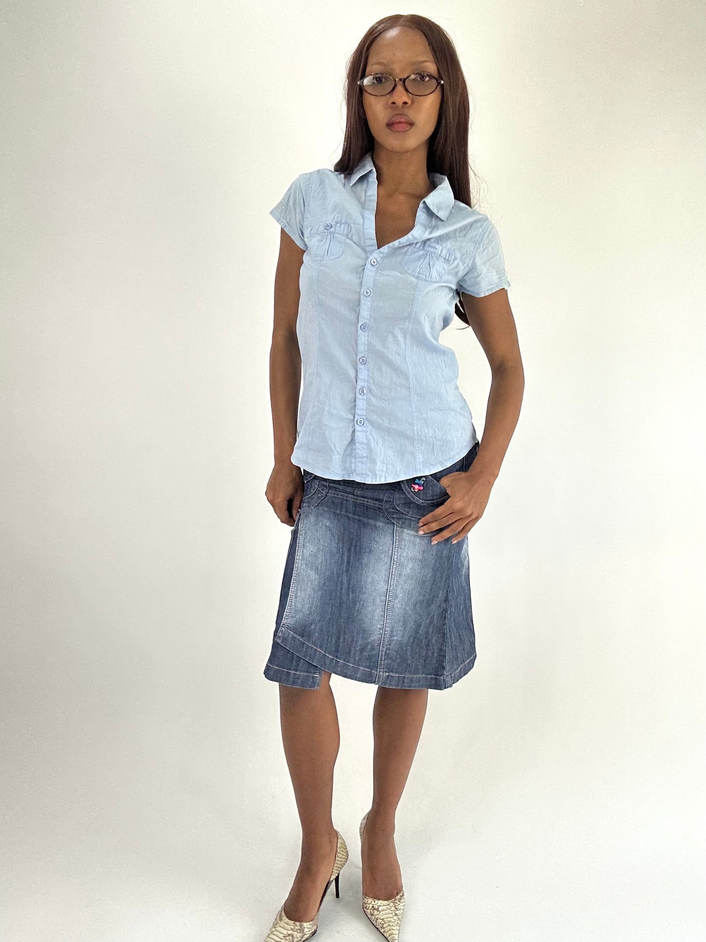 WINTER FAVOURITES | small blue denim midi skirt with multicolour button detail