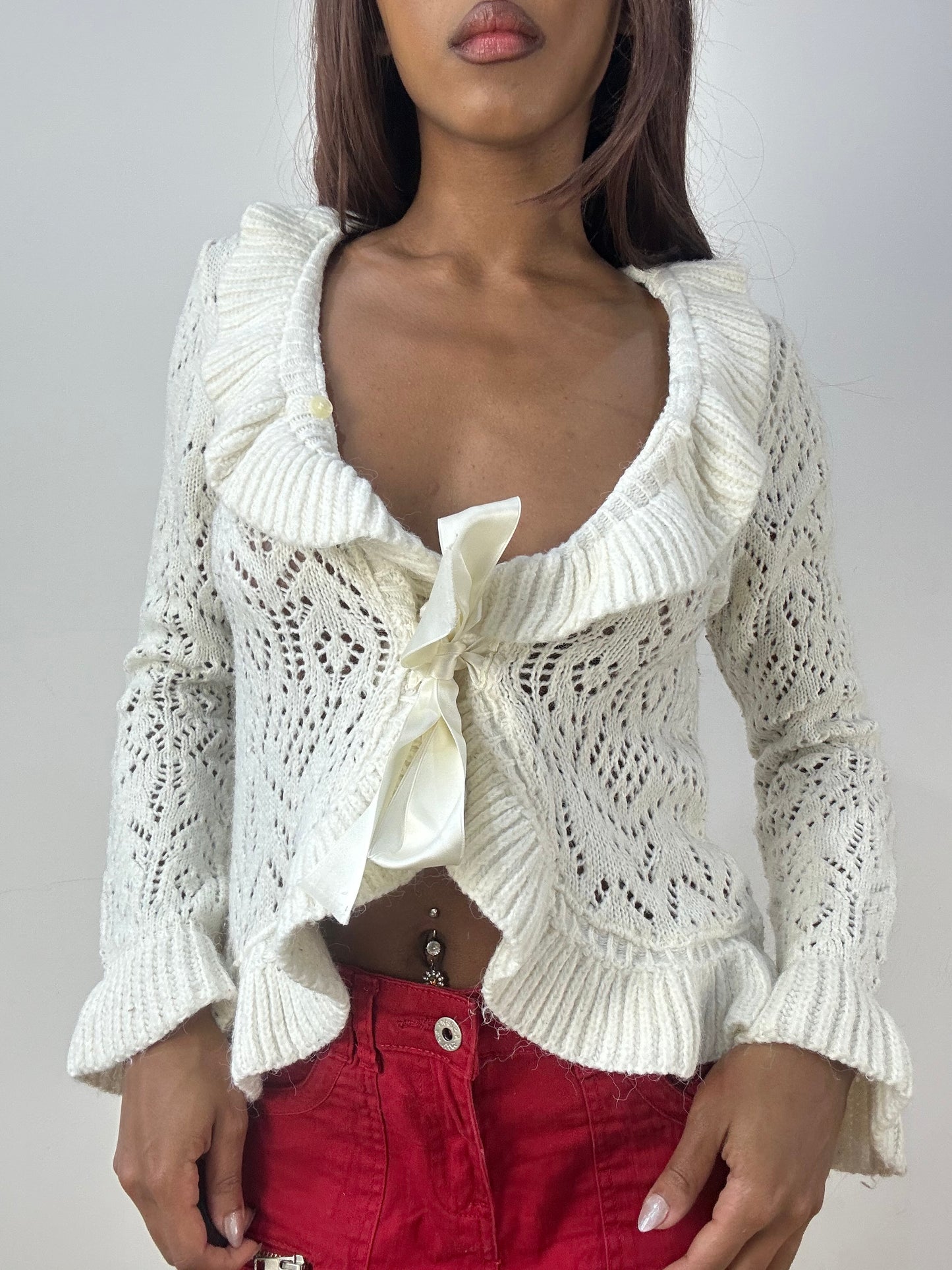 vintage edit thirty-three | small white knit cardigan top with tie up ribbon