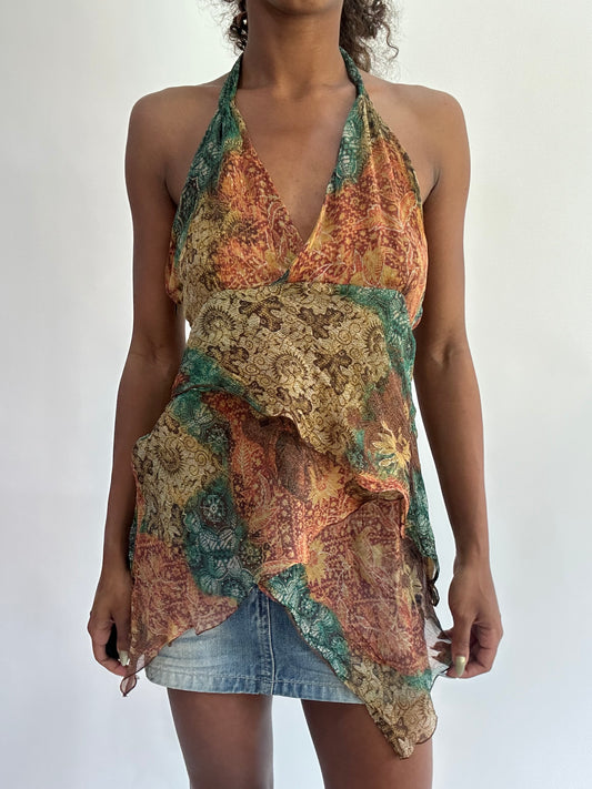 wag drop | small tan patterned asymmetric halterneck top