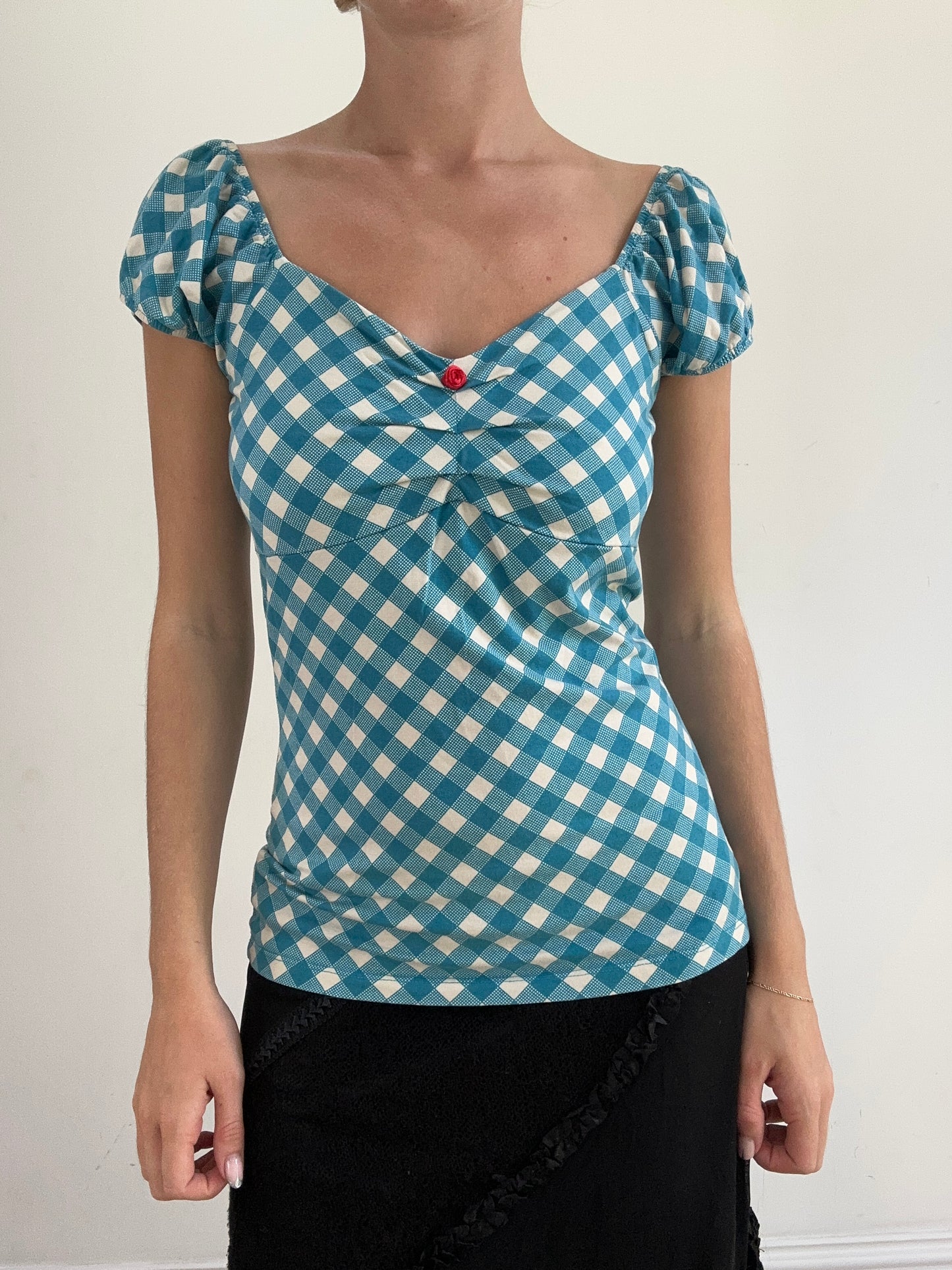 summer edit | medium blue and white milkmaid style top with gingham print