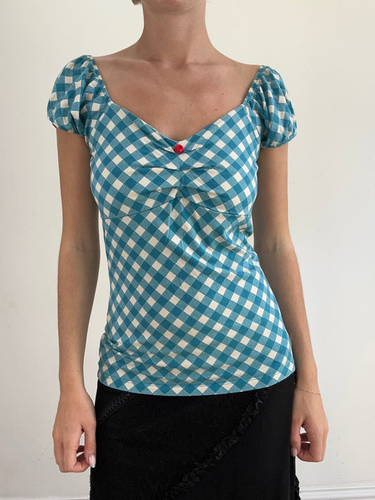 summer edit | medium blue and white milkmaid style top with gingham print