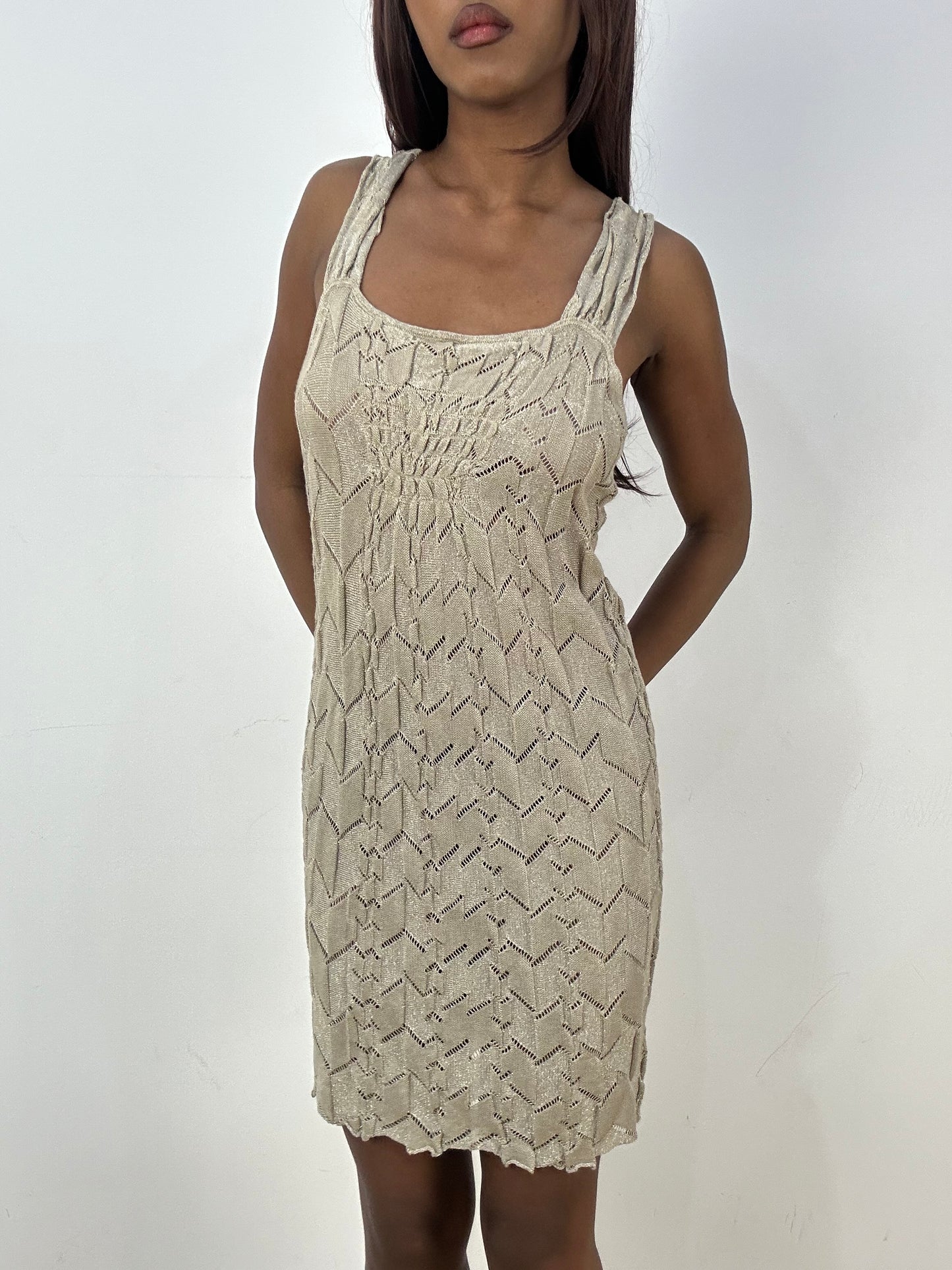 vintage edit thirty-three | small beige knit midi dress with floral detail