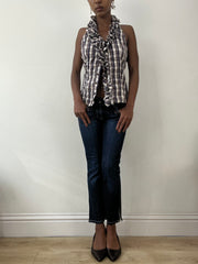 BEST PICKS | small blue and brown halterneck top with ruffle trim