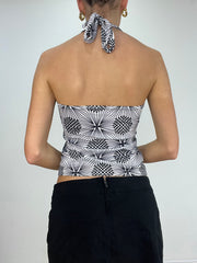 💚 BEST PICKS | small black and white checkered circle print halter-neck
