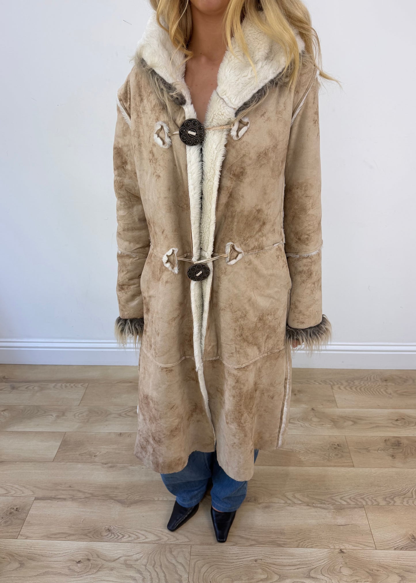 medium beige afghan coat with faux fur