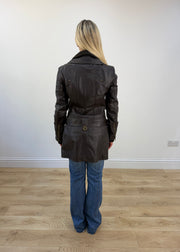 small brown faux leather pea trench coat