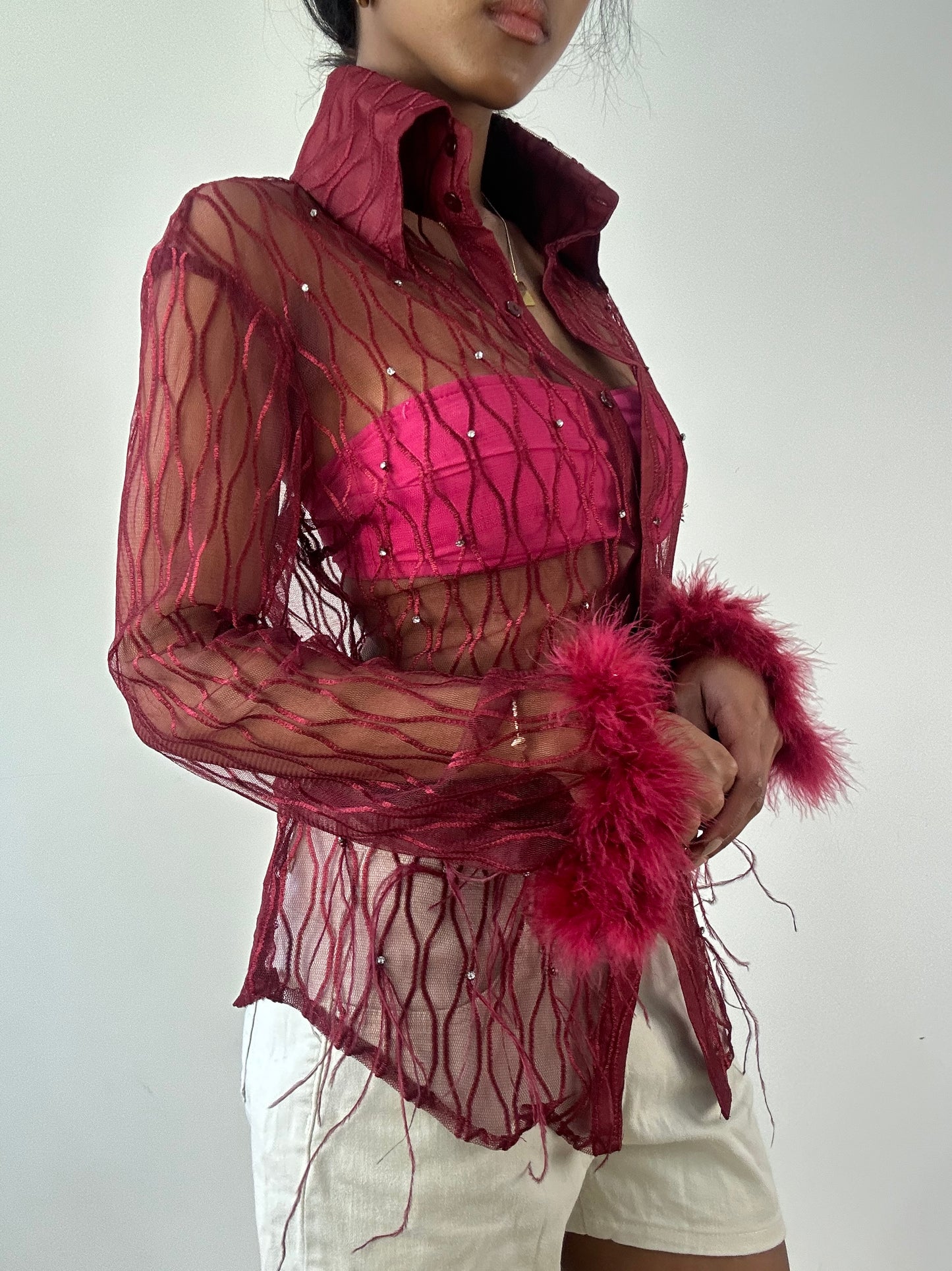 vintage edit twenty-one | medium red sheer feather button up top