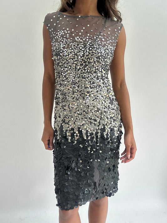 wedding guest drop | small grey sequin midi dress