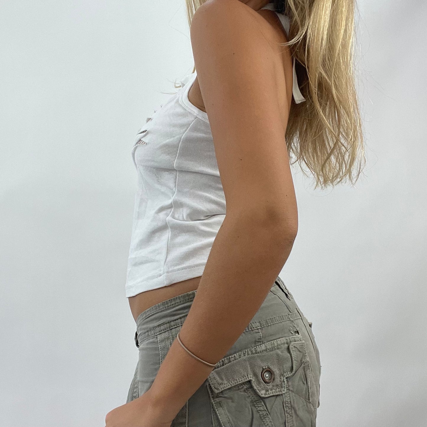 AMELIA GRAY DROP | small white fishnet ripped halterneck top