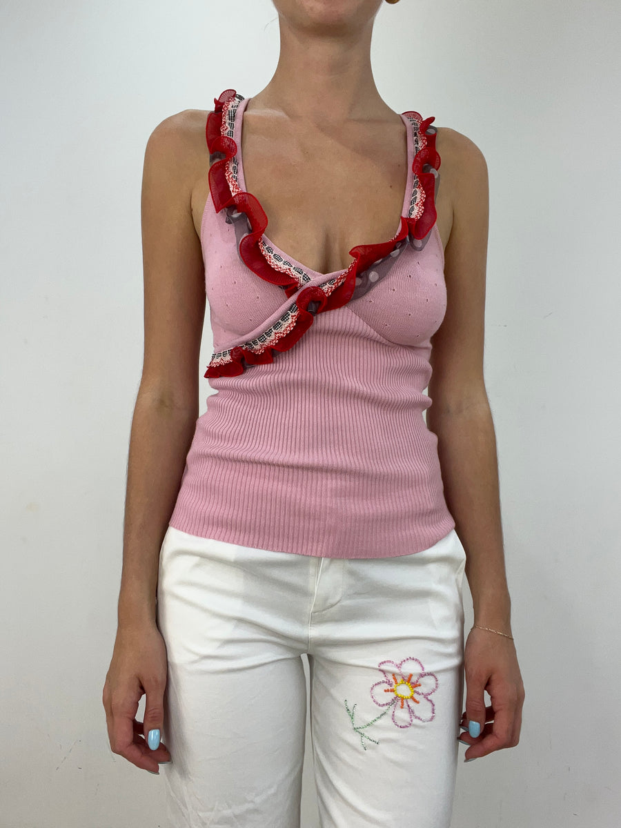 💚vintage editar veintiocho | cami rosa pequeño con ribete de volante rojo