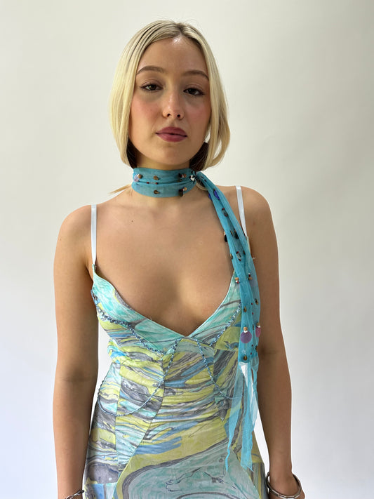 sailor drop | blue sequin sheer neck scarf