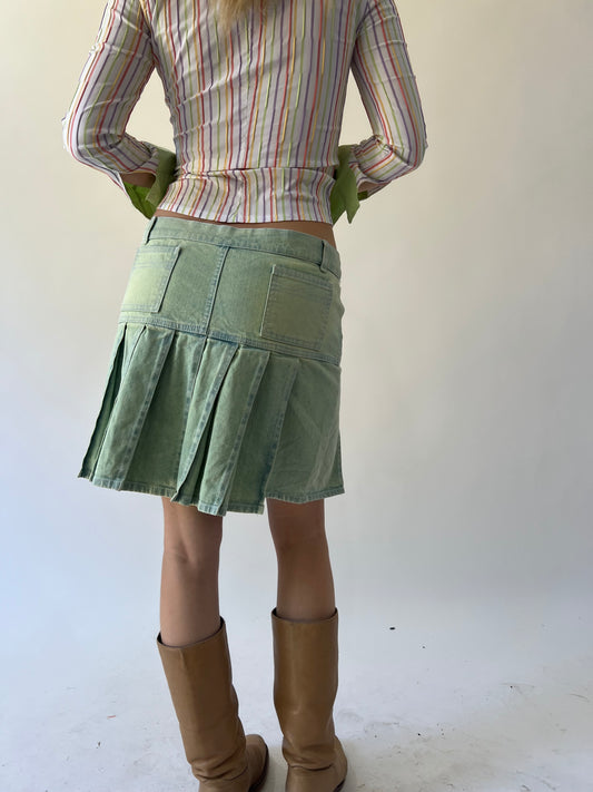 back to school drop | medium green/blue denim midi skirt