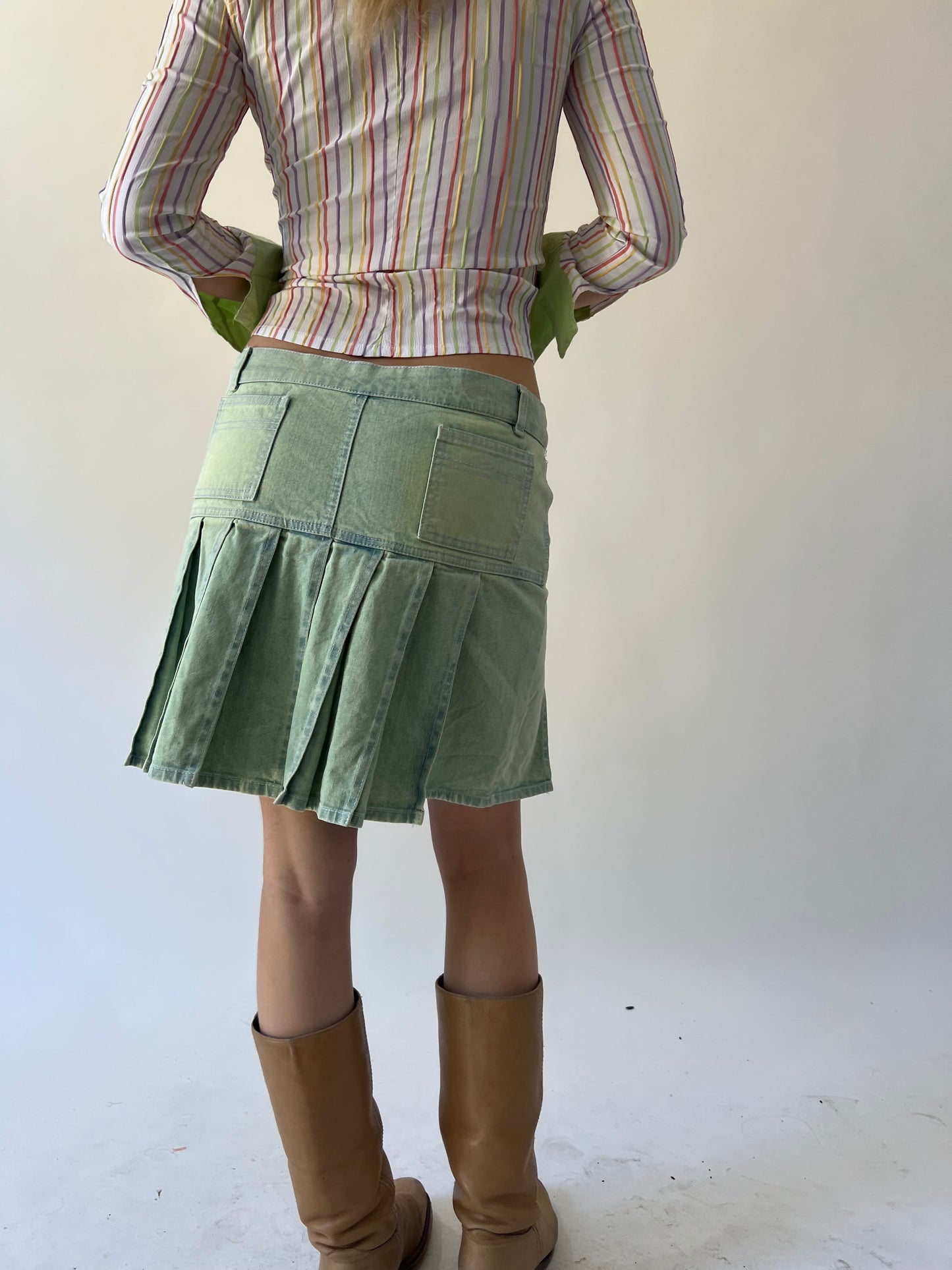 back to school drop | medium green/blue denim midi skirt