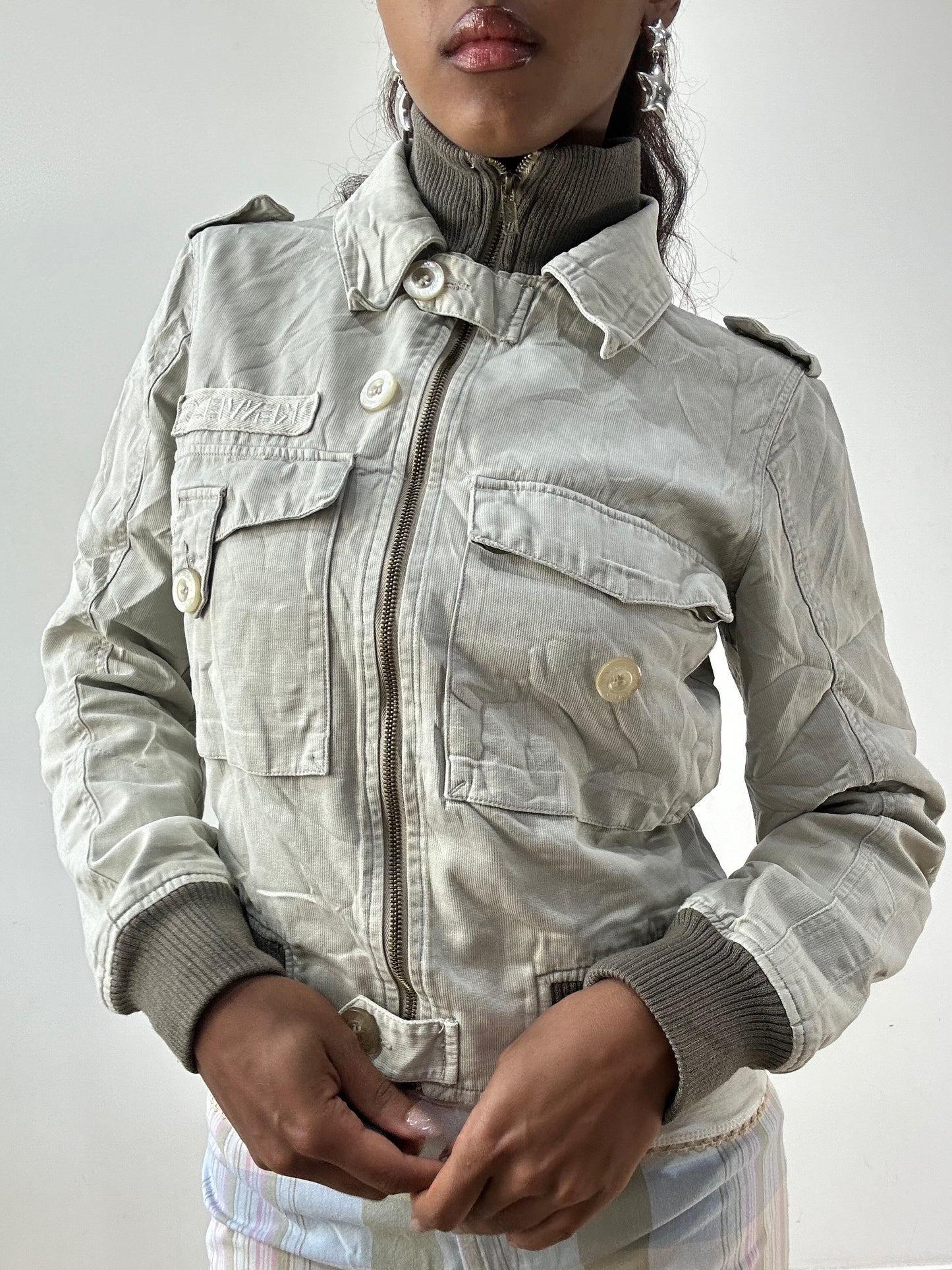 BEST PICKS | small light grey and brown bomber jacket