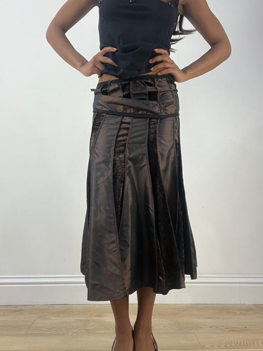 vintage edit thirty-three | extra small brown satin style pleated midi skirt