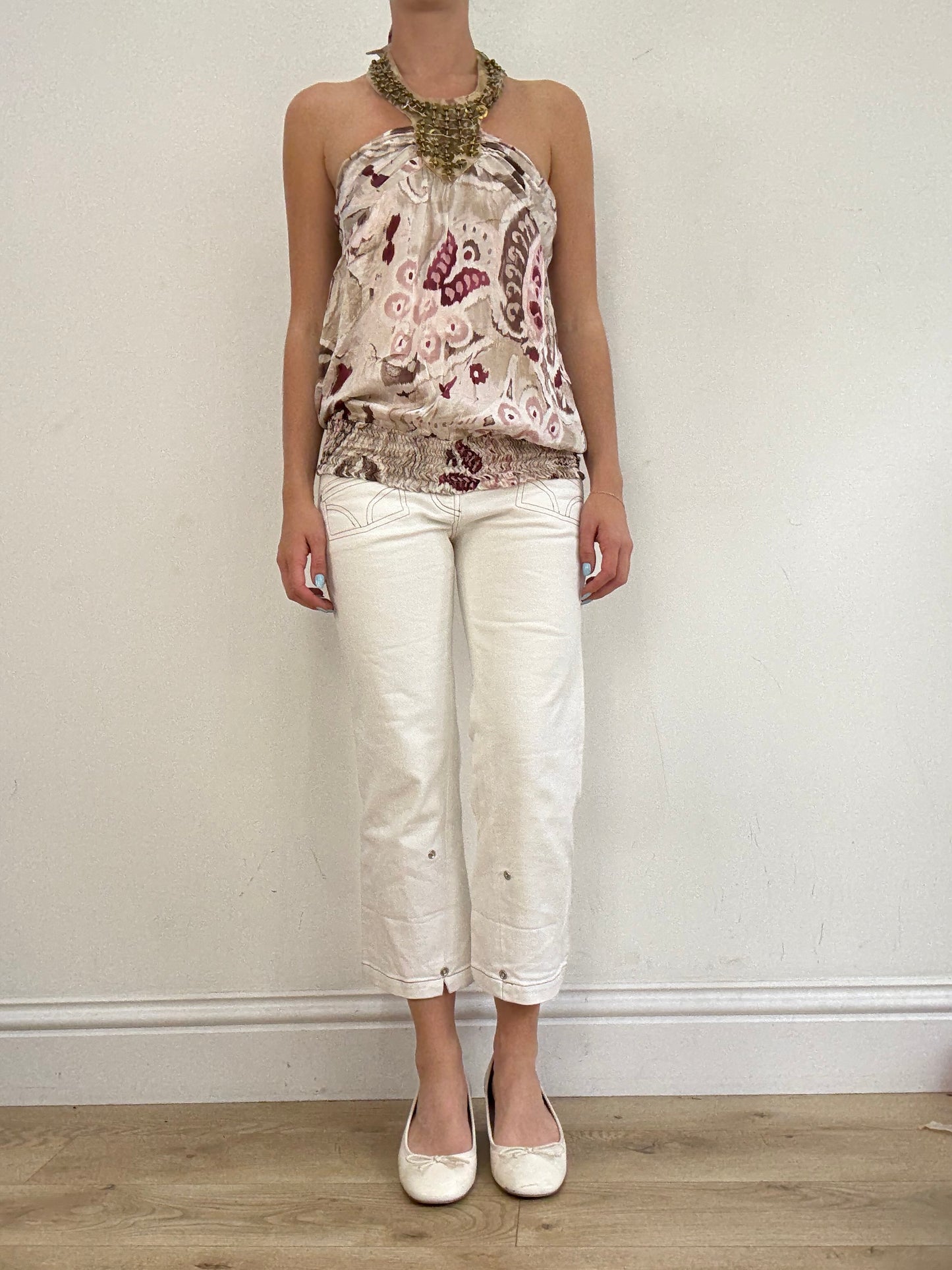 vintage edit twenty eight | small beige and pink halterneck top with beading detail