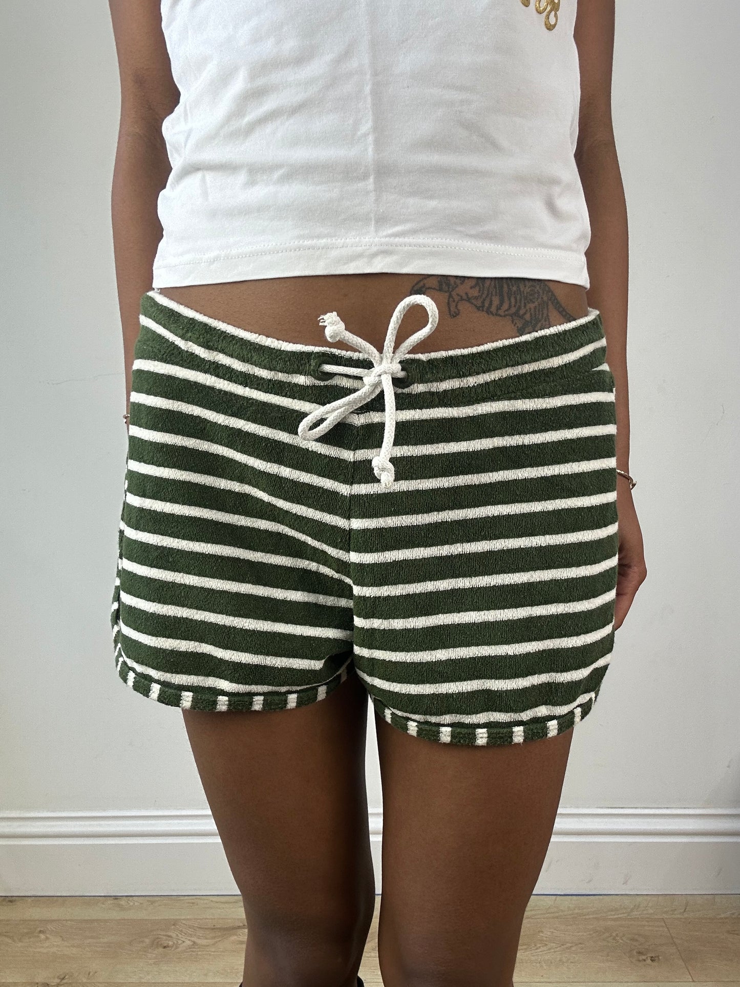 vintage edit eighteen | medium green and white stripy towelling shorts