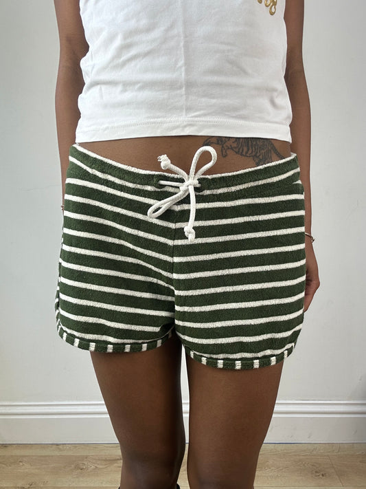 vintage edit eighteen | medium green and white stripy towelling shorts