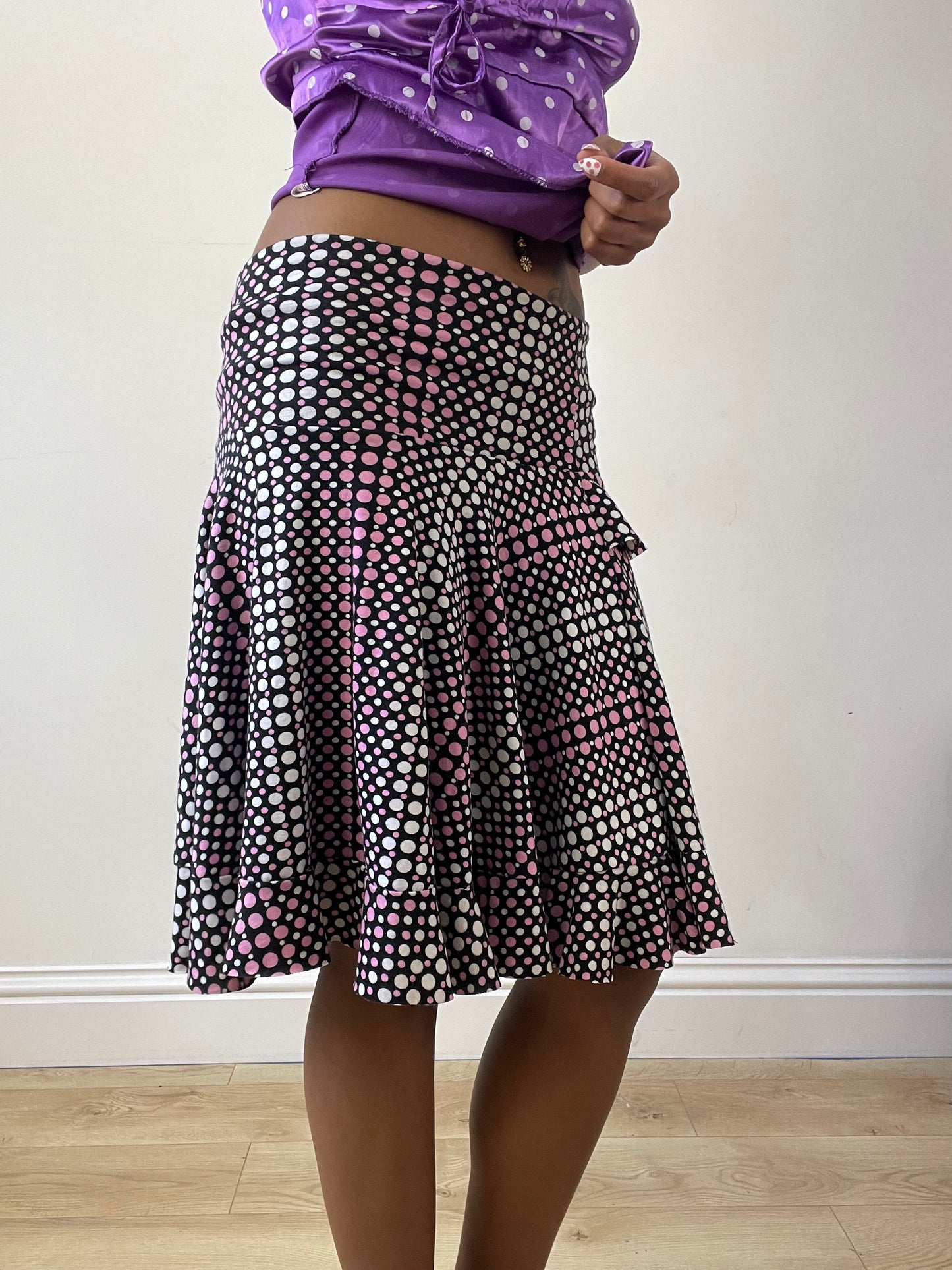 vintage edit twenty-seven | small black and pink ruffle polka dot midi skirt