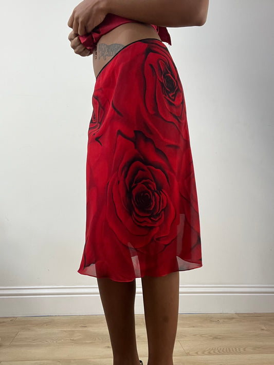 BEST PICKS | small red mesh overlay midi skirt with rose print