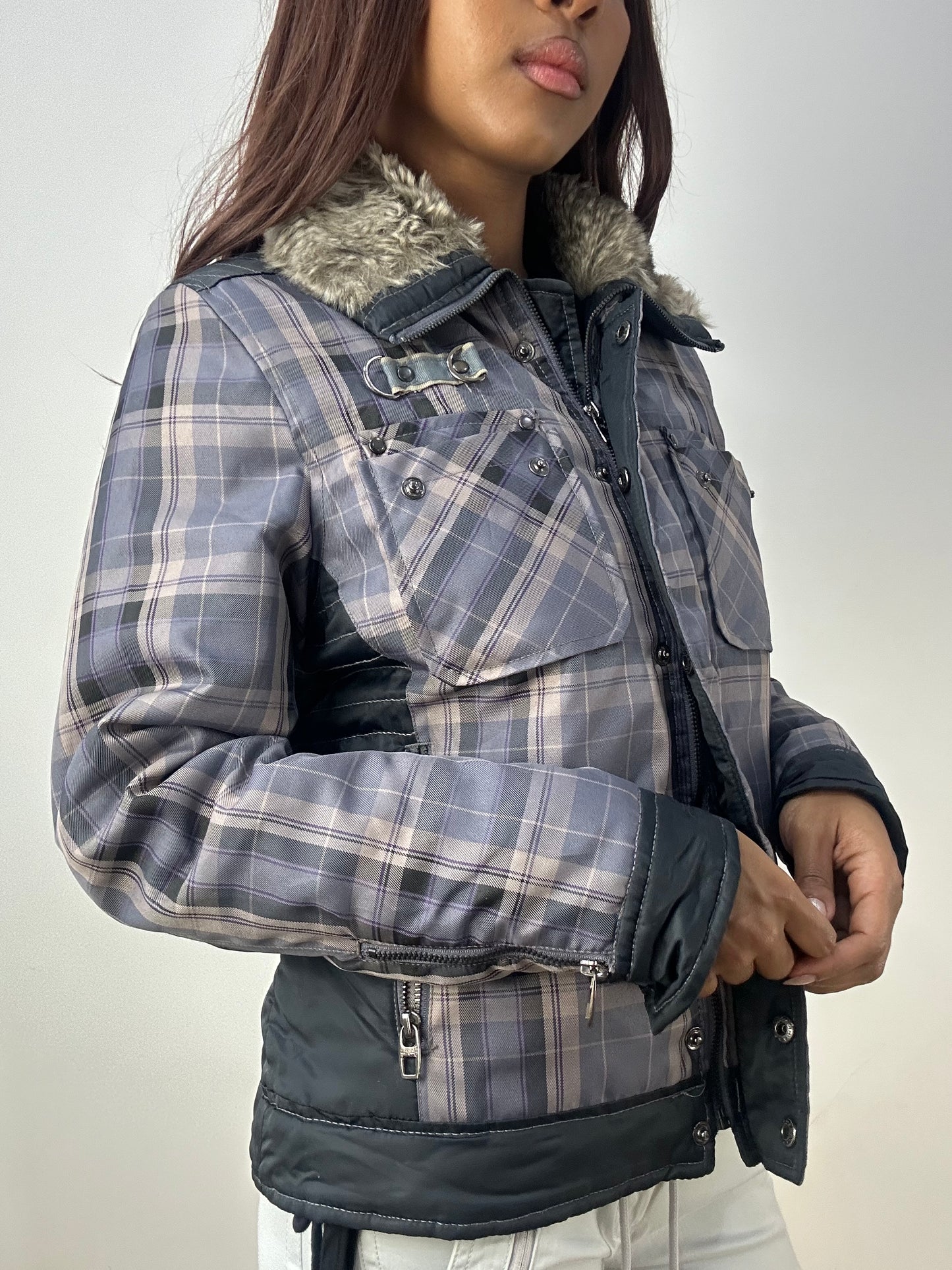 vintage edit thirty-three | small grey jacket with plaid print and faux fur collar