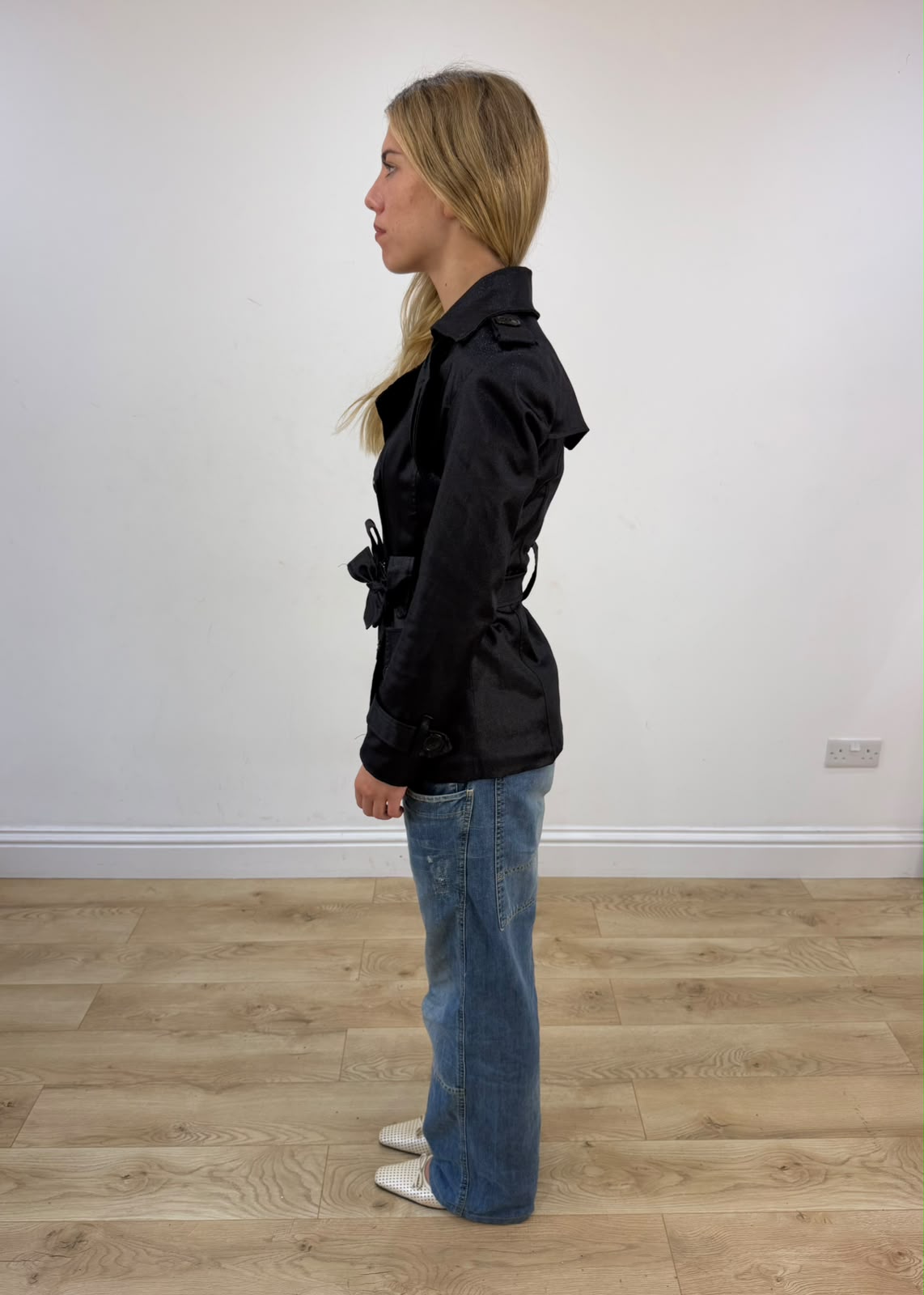 extra small black satiny pea trench coat