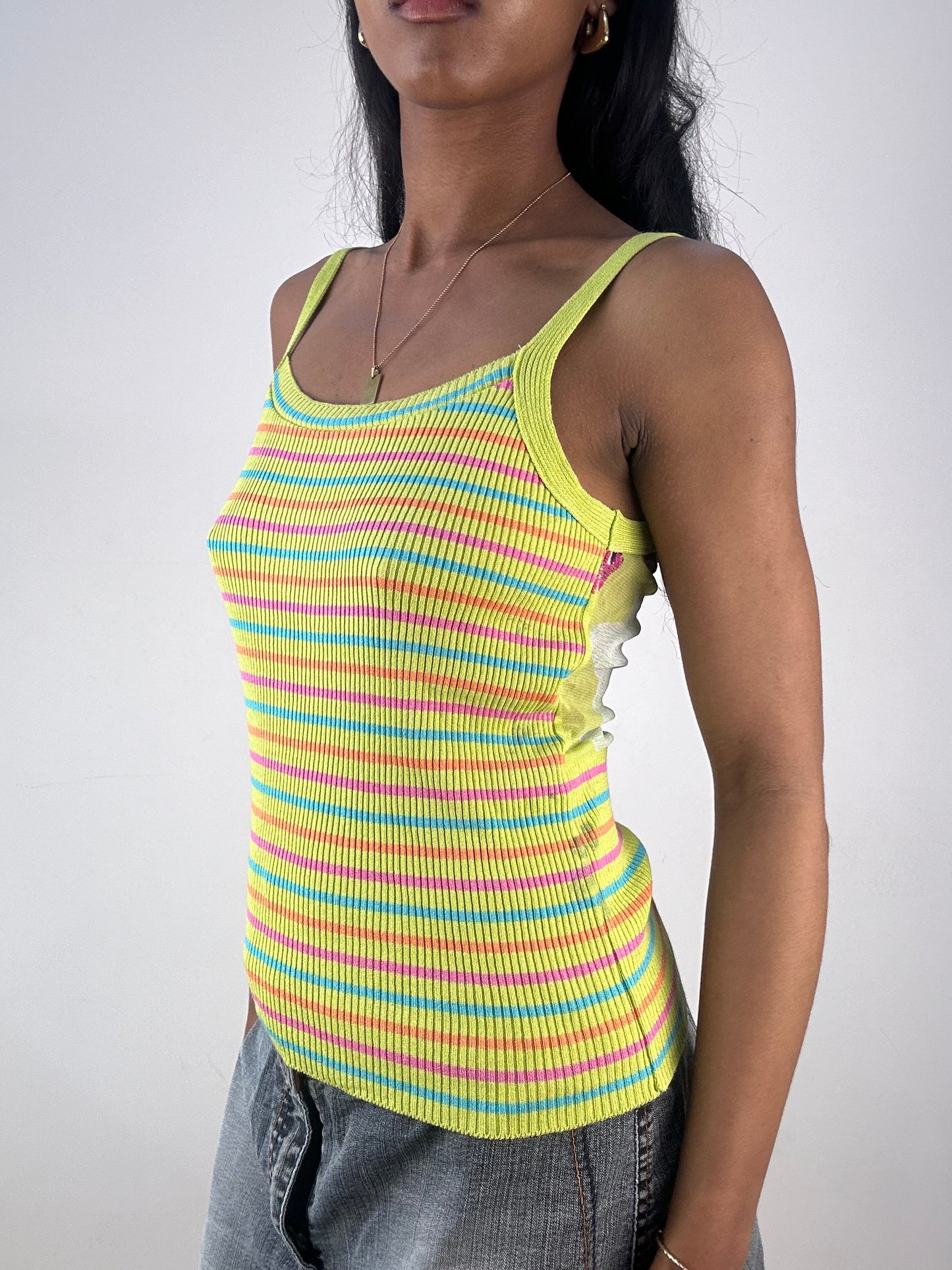 vintage edit eighteen | medium green striped mesh back cami top