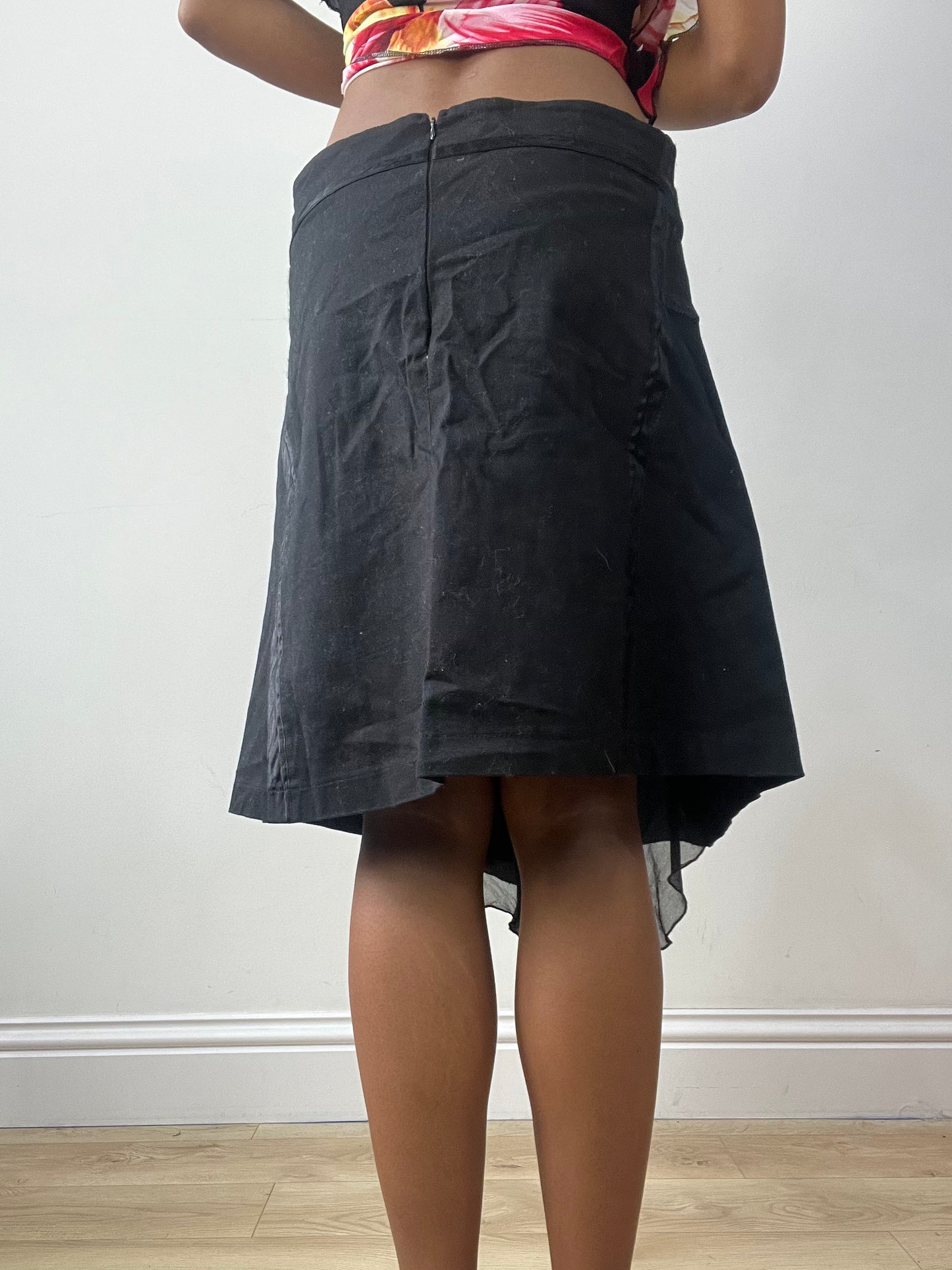 vintage edit thirty-two | medium black asymmetric midi skirt with lace up front