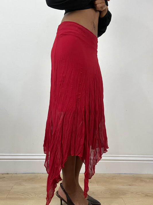 vintage edit thirty-four | extra small red sheer midi skirt with asymmetric trim