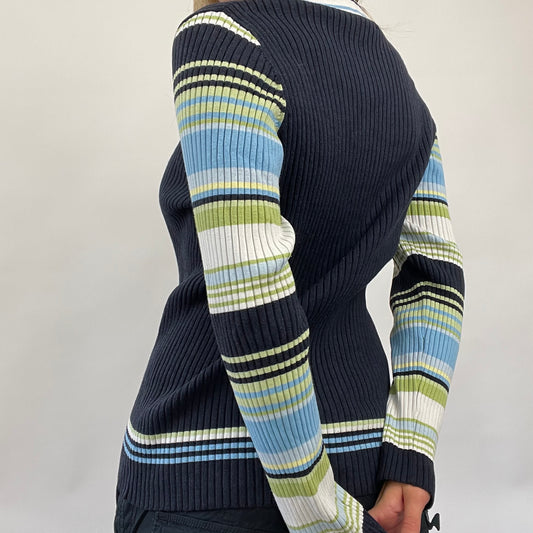 💻 POSH AND BECKS DROP | small navy knit collared top with striped sleeves