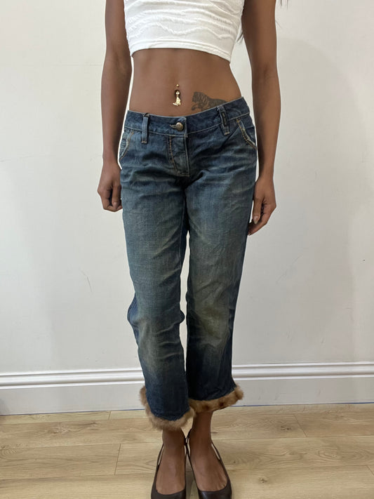 2016 edit | medium blue denim cropped jeans with faux fur detail