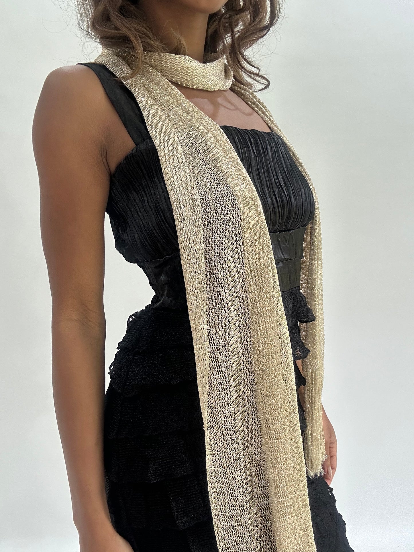 wedding guest drop | gold glittery scarf with tassel details