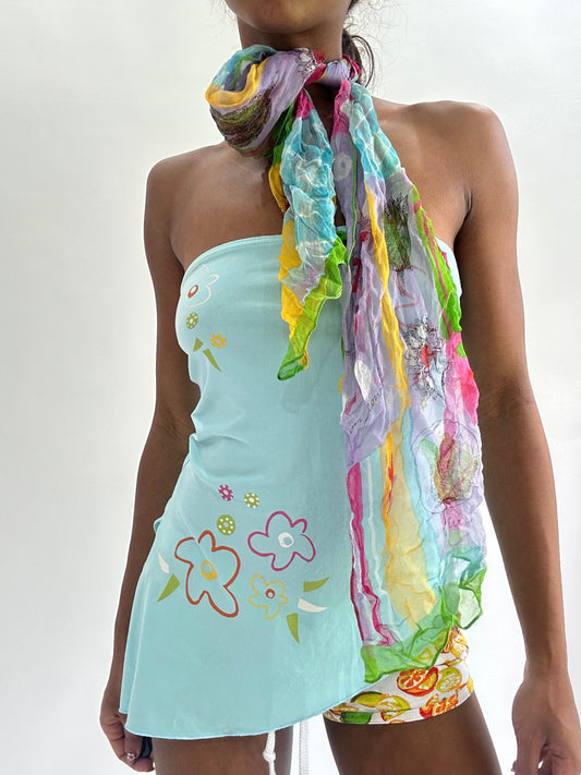 zara larsson drop | multicoloured sheer floral pattern scarf