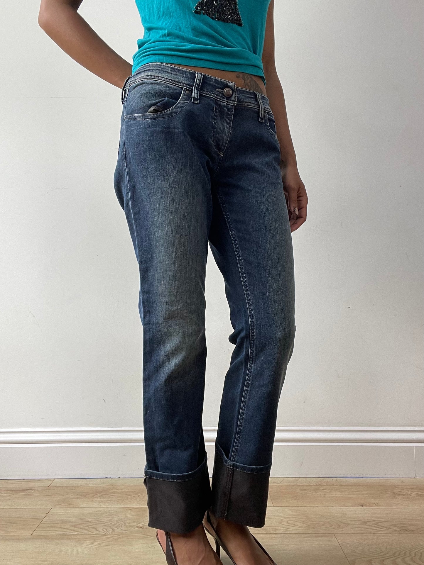 midsummer edit | medium blue diesel bootcut jeans with faux leather detail