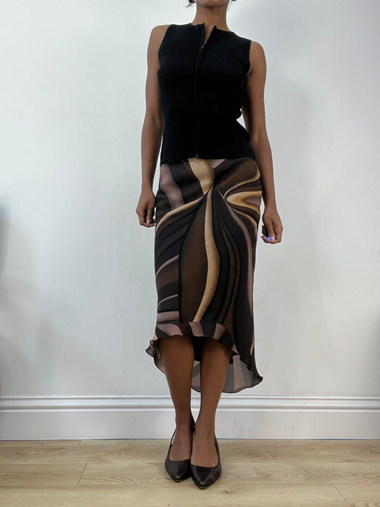 AUTUMN EDIT | small brown mesh overlay midi skirt with swirly pattern