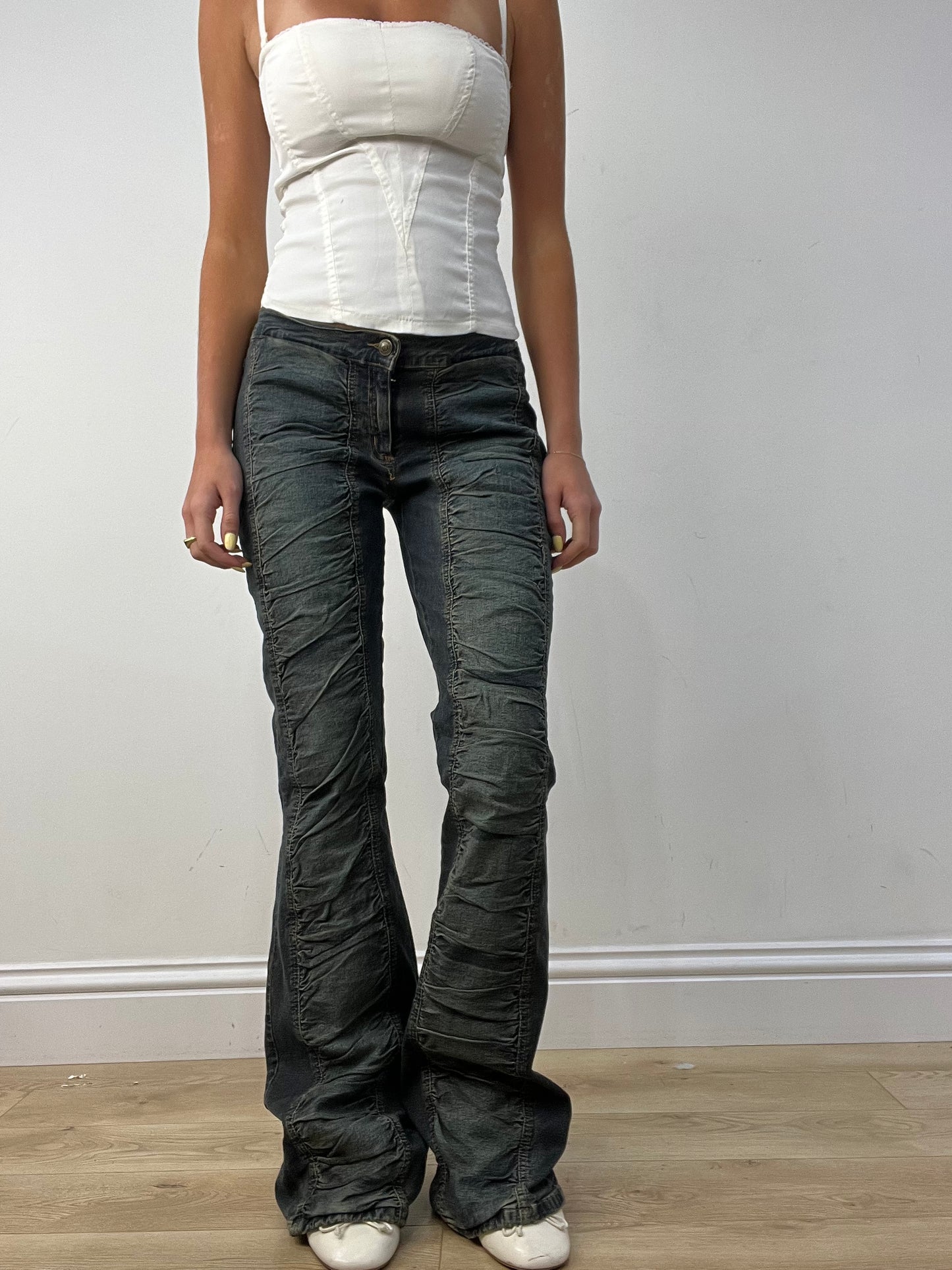 vintage edit twelve |  medium dark wash ruched bootcut jeans