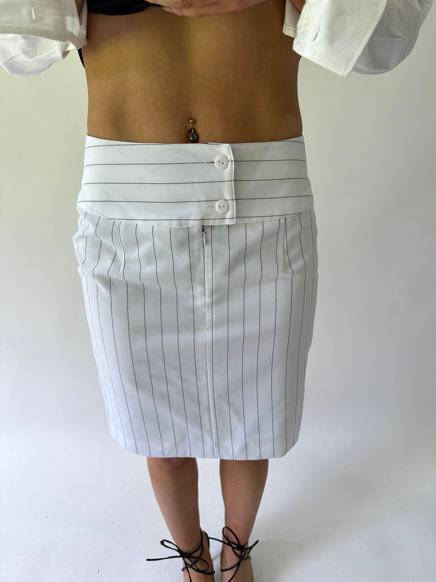 sailor drop | extra small white pinstripe midi skirt