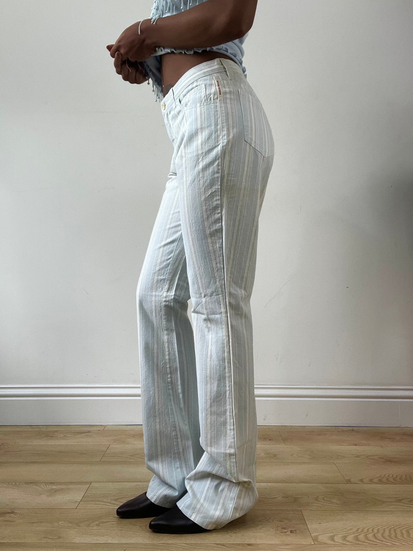 LFW edit | small white and blue straight leg trousers with pinstripe print