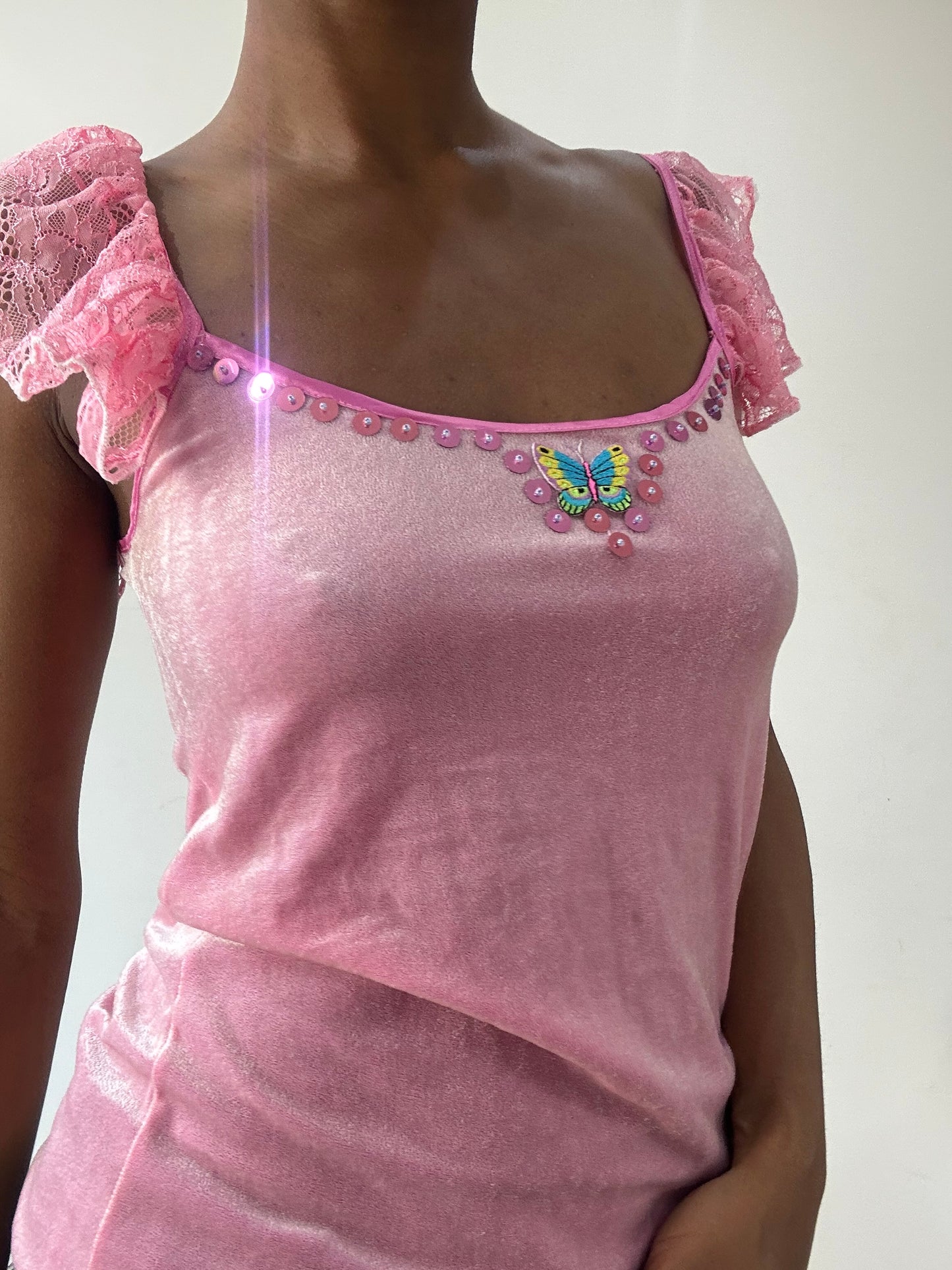 vintage edit thirty-one | small pink velour cami top with ruffle lace straps