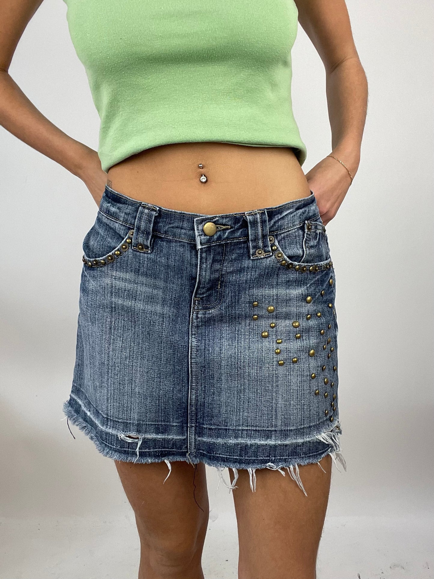 ADDISON RAE DROP | small denim  orsay distressed mini skirt with stud detail