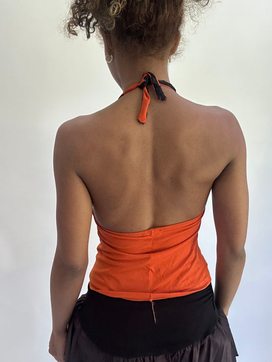 ‼️olivia rodrigo drop | small orange and black halterneck top