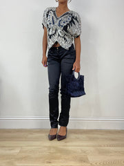 vintage edit: halloween | blue and black handbag with velvet details